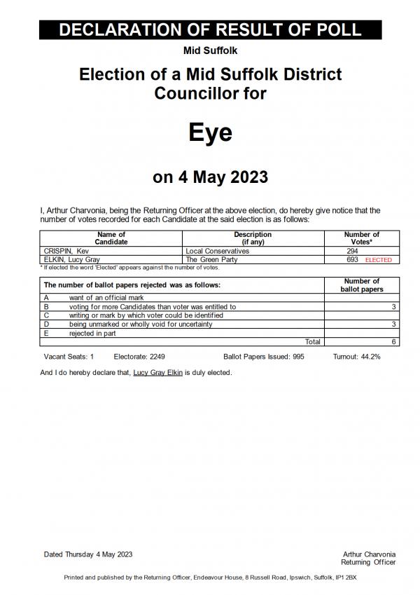 Election results for Mid Suffolk District Councillor for Eye 1